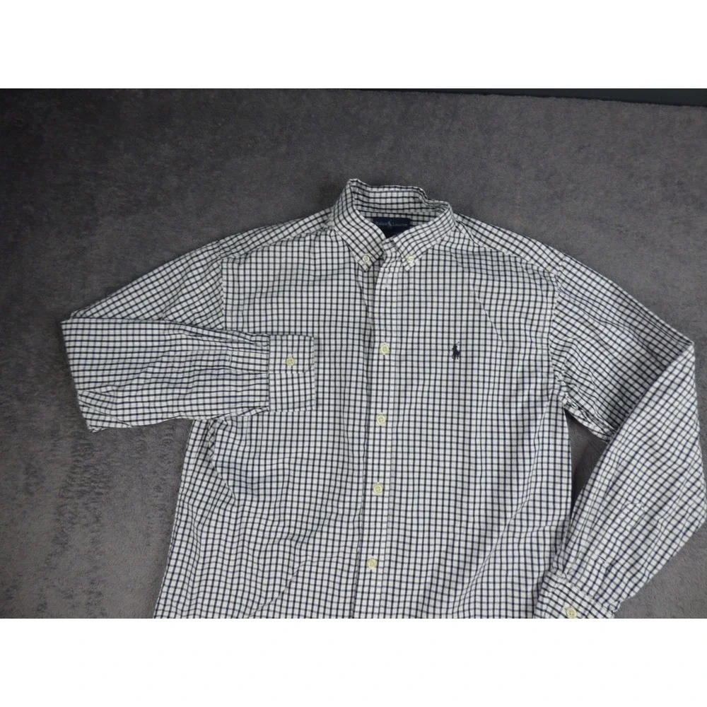 Ralph Lauren Boys Large Gingham Check Button Down Shirt Navy White Cotton L